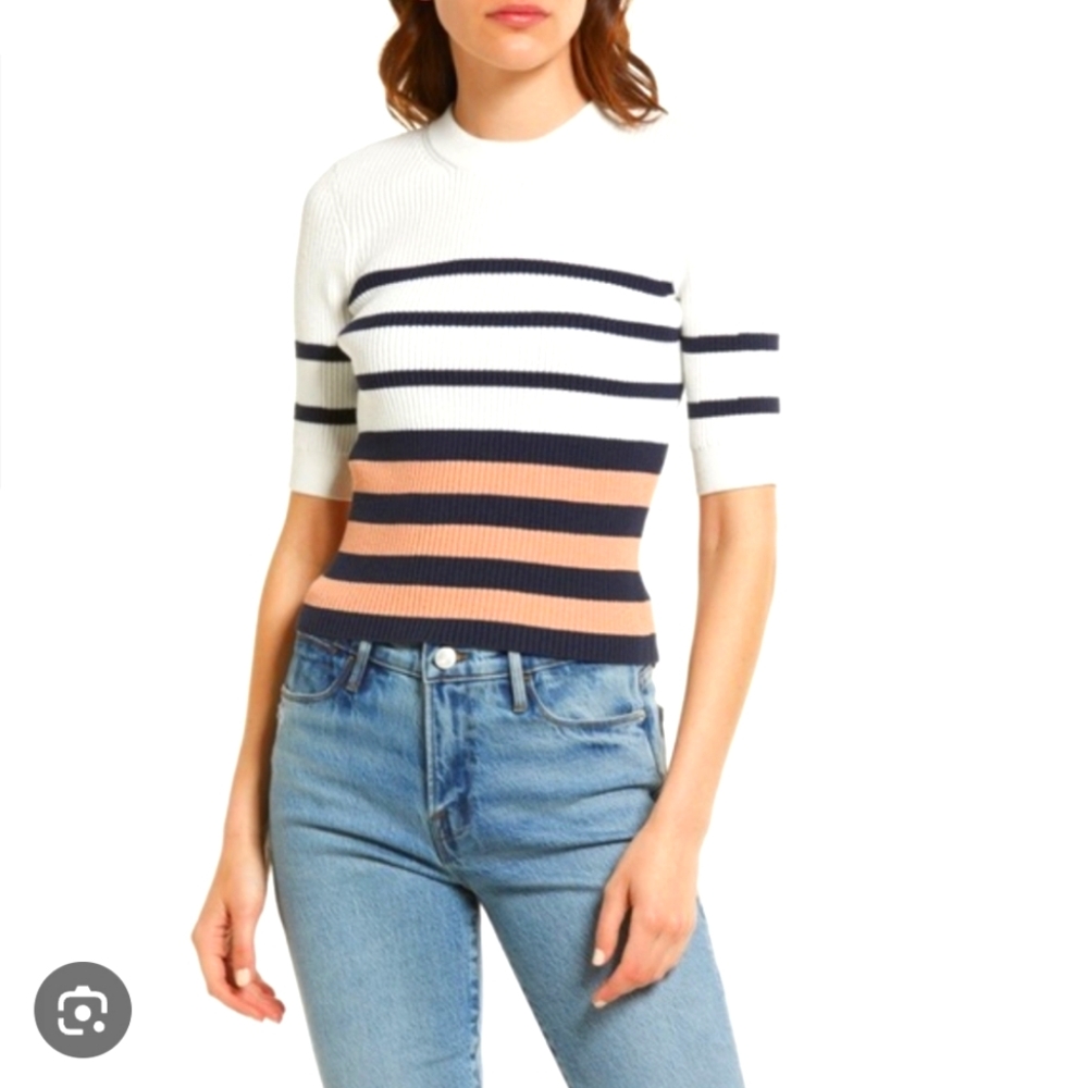 FRAME Short Sleeve Ribbed Top Small In Pink Clay